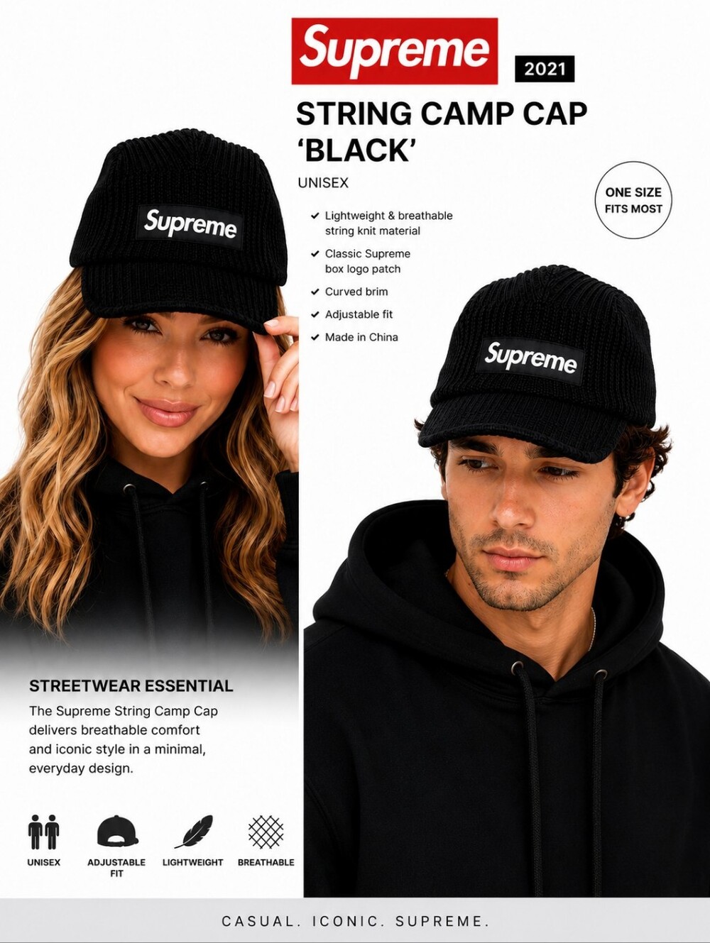 Supreme String Camp Cap Black SS21 Knit Adjustable Hat One Size Unisex